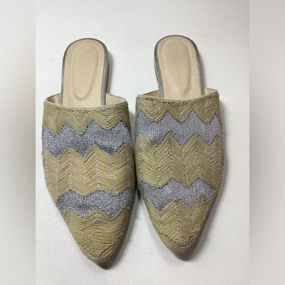 Anthropologie Embroidered Slides Yellow Cream Silver Women’s Size 9 Sandals - Picture 2 of 15